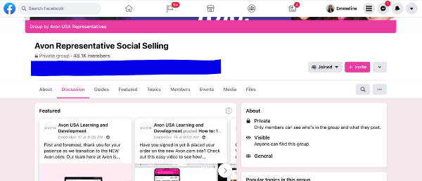 Screenshot showing the Avon Social Selling Facebook Group for Avon reps