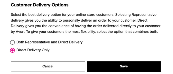 Screenshot showing how to choose delivery settings on your Avon e-store