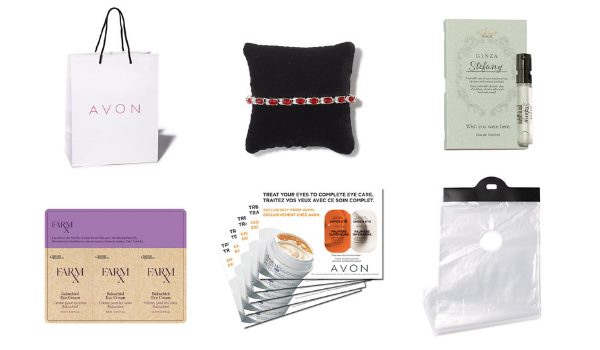 Collage of various Avon rep tools including shopping bags, samples, a jewelry pillow, and clear literature bags